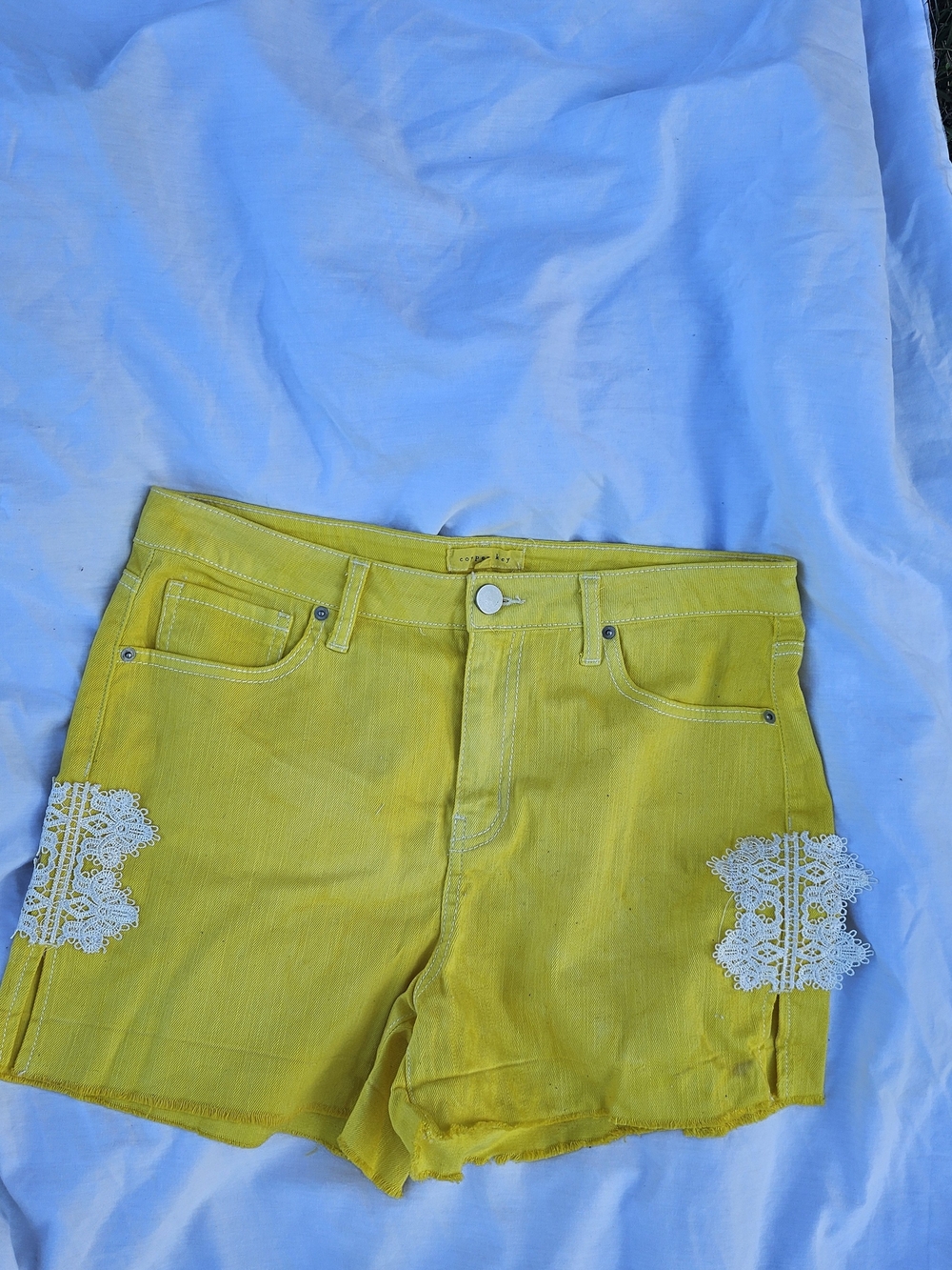 Copper Key Yellow Denim Shorts with White Lace Trim